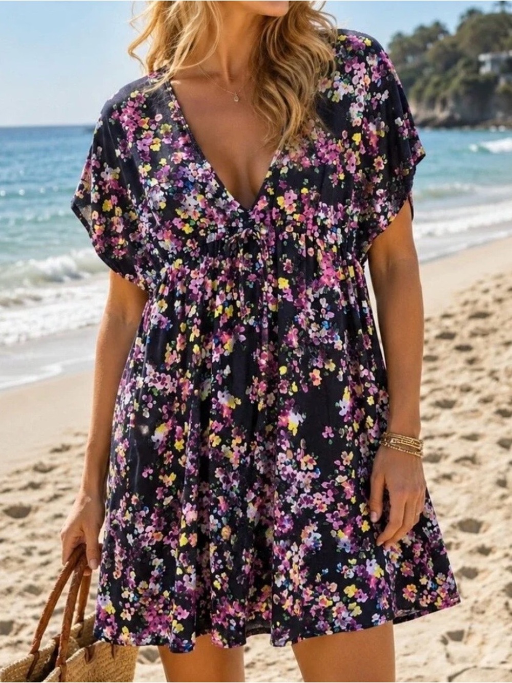 Lands' End Floral Swim Cover Up Dress in Black and Pink NWT Women’s Size L